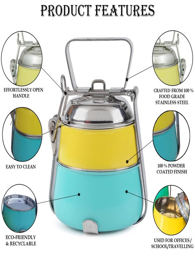 إيلان علبة غداء إيلان من الفولاذ المقاوم للصدأ مع مقبض | علبة طعام بغطاء ومقبض | علبة طعام تقليدية بقسمين | سهلة الحمل | مشبك قفل | للاستخدام في المدارس والمكاتب (600 مل، أصفر-أزرق فاتح) - Image 3
